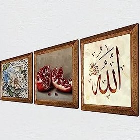 Resim Pinecone Allah Lafzı, Kelebekli Çiçek, Nar Taş Duvar Tablosu - Ahşap Çerçeveli Taş Tablo - 25x25 cm - 3 Parça Set - Dekoratif Duvar Sanatı - Modern Ev ve Ofis Duvar Dekoru W3-1152 