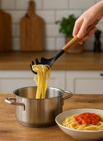 Resim Depa Bambu Saplı Silikon Spagetti Makarna Servis Kaşığı Siyah 