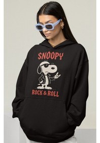 Resim Sevbano Snoopy Rock And Roll Baskılı Unisex Oversize Çizgi Film Karakter Siyah 