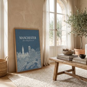 Resim Manchester Line Art Print - Slate Blue Town Hall Industrial Skyline Wall Art - Just Poster / 8,3 x 11,7" (21x30) 