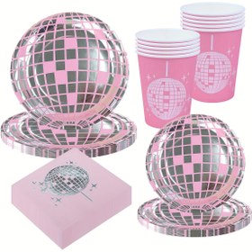 Resim 50 Parça Pembe & Gümüş Disko Parti Seti - 70'ler Temalı Doğum Günü, Düğün, Duş Dekorasyonları için Peçeteler, Bardaklar & Masa Örtüsü, Cadılar Bayramı, Noel Etkinliği & Parti Malzemeleri Cadılar Bayramı&Noel 
