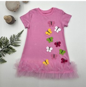 Resim 1-2-3 Yaş Renkli Kelebekler Nakışlı Eteği Fırfırlı Jile Çocuk Elbisesi Pembe Pembe 