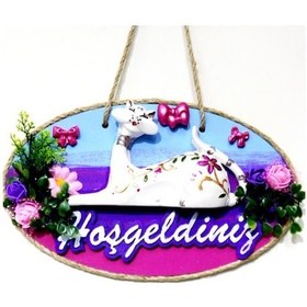 Resim Kedi Figürlü Hoşgeldiniz Yazılı El Boyaması Renkli Kapı Süsü 