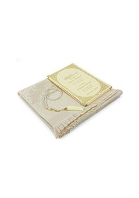 Resim Krem 50 Adet İsim Baskılı Deri Ciltli Orta Boy Yasin Kitabı Seccade Seti Mevlit Hediyesi 