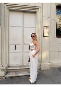 Resim Bonacosa Kadın Viskon 3 Lü Takım Kimono + Beli Lastikli Salaş Pantolon + Crop 8 Renk Ekru 