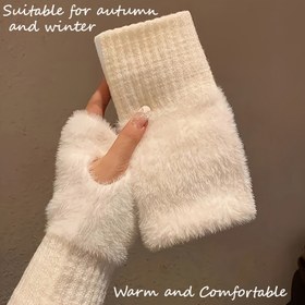 Resim Kadın Pluş Parmaksız Eldiven - Yumuşak Polar Astarlı Sıcak Lüks Kış Eldivenleri, Kalınlaştırılmış Elastik Uyum, Arkadaşlar İçin Mükemmel Hediye, Sonbahar ve Kış Temel Ürünleri, Kış Eldivenleri | Zarif Eldiven Tasarımı | Yumuşak Eldivenler 