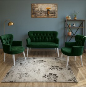 Resim Azra Mobilya Zümrüt Yeşil Babyface Kumaş Çay Seti Koltuk Takımı – 2 Berjer + 1 İkili, Modern, Beyaz Ayak 