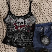Resim Kadınlar için Y2K Sokak Giyimi Kafatası & Gül Baskılı Kırpma Üst - Ayarlanabilir Spagetti Askılı, Gotik Esintili Kolsuz Cami, Polyester Karışımı, Makinede Yıkanabilir, Yazlık Sokak Giyimi | Kafatası Baskılı Üst | Grafikli Tank Top 