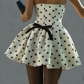 Resim Elegant Off-Shoulder Polka Dot Mini Elbise, Arka Yeleli Detaylı - Kadınlar İçin A-Line Mini Elbise, Bahar/Yaz/Sonbahar İçin Mükemmel, Beyaz Siyah Noktalı, Polyester Kumaş, Sevimli Elbise 
