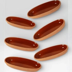 Resim AdenArt 6'lı Toprak Sırlı Balık Kayık Güveci-Balık Tavası 30 cm (Ev Tipi Fırın Için) 