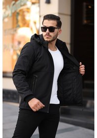 Resim Mero Life Outdoor Kapüşonlu Su Ve Rüzgar Geçirmez Kapitone Içi Kürklü Elyaf Dolgulu Şişme Siyah Softshell Mont Siyah 