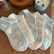Resim 5'li Paket Kadın Yazlık Kısa Çorap - Sevimli Köpek & Çiçekli Dantel Kenar, Nefes Alabilir Mesh Tüysüz Pastel Renkler Hafif Günlük Kullanım Çorapları, Yumuşak Kumaş Yapımı 