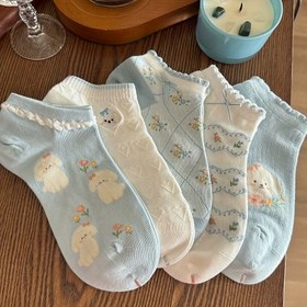 Resim 5'li Paket Kadın Yazlık Kısa Çorap - Sevimli Köpek & Çiçekli Dantel Kenar, Nefes Alabilir Mesh Tüysüz Pastel Renkler Hafif Günlük Kullanım Çorapları, Yumuşak Kumaş Yapımı 