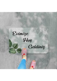 Resim Yeşil Yaprak Hoş Geldiniz Dekoratif Kapı Önü Paspası Gri 