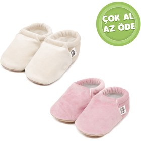 Resim Ella Bonna Kaydırmaz Taban, Kadife Kumaş Ev Botu Bebek Patiği 2'Li Ekonomik Paket (KREM-PUDRA) 
