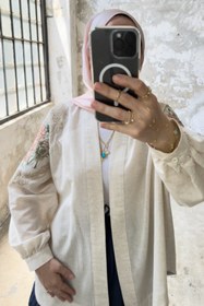 Resim Çiçek Nakış Detaylı Oversize Keten Kimono 8823 - Bej - Bej / Standart - Oversize 