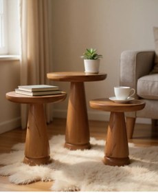 Resim ASELYA HOME Doğal Ahşap 3’lü Set Mantar Yan Sehpa Modern Fiskos Zigon Çiçeklik 