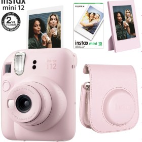 Resim Fujifilm Instax Mini 12 Pembe Fotoğraf Makinesi-10'lu Film-Çerçeve ve Deri Kılıf Seti 