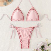 Resim Kadınlar için Çizgili Baskılı, Kiraz ve Dantel Askılı İki Parçalı Bikini. 