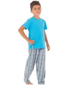 Resim The Don Aile Turkuaz Gri-Lacivert Ekose Erkek Çocuk Pijama Takımı 