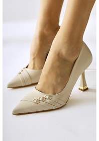 Resim Lavina Bej Bantlı Altın Topuk Detaylı Sivri Burunlu Stiletto 001 