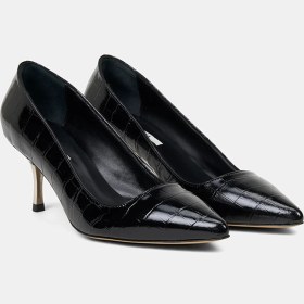 Resim Desa Kadın Siyah Kroko Baskılı Sivri Burunlu Deri Stiletto 