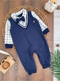 Resim Bebicix Papyonlu Gömlek Yaka Ekose Desen Alttan Çıtçıtlı Erkek Bebek Tulum Lacivert 