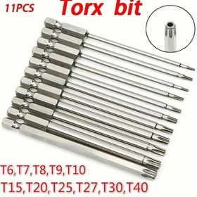 Resim 11 Parça Torx Tornavida Uç Seti, S2 Alaşımlı Çelik, Dayanıklı Altıgen Saplı Yıldız Uçlar, T6-T40, Ev DIY, Araç ve Elektrik Onarımları İçin, Elektriksiz Alet Seti - Metal Yapı 