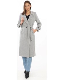 Resim Kadın Astarlı Balık Sırtı Kaşmir Kaşe Kaban - Gri Siyah 