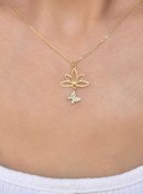 Resim Papatya Silver Gümüş Altın Kaplama Beyaz Taşlı Kelebek Lotus Çiçeği Kolye 