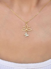Resim Papatya Silver Gümüş Altın Kaplama Beyaz Taşlı Kelebek Lotus Çiçeği Kolye 