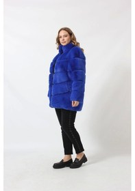 Resim Moda Berray 3258 Kadın Fermuarlı Dık Yakalı Lüks Suni Kürk Kaban Saks 