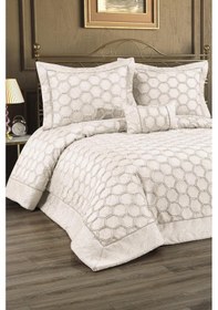 Resim Deste Dolgulu Pamuklu Çift Kişilik Yatak Örtüsü Krem Krem 