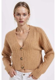 Resim Defacto Regular Fit V Yaka Basic Düz Düğmeli Triko Hırka R1389AZ24WNBN268 Kahve 