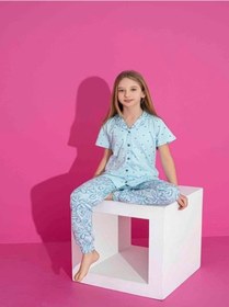 Resim Kız Çocuk Önden Düğmeli Kalp Desenli Mavi Pijama Takımı-1265 Mavi 