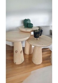 Resim Ahşap 3 Lü Set Fitilli Mantar Yan Sehpa Modern Fiskos / Çiçeklik Vernikli Ahşap 