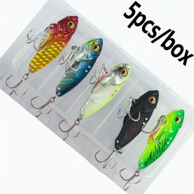 Resim 5 adet/kutu Metal VIB Yem 7g 10g 14g 3D Gözler Kaşık Döner Dengeli Olta Yemi Batan Jig Sert Yem Olta Takımı, Noel için En İyi, Şükran Günü için Mükemmel 