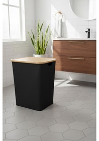 Resim Bambu Çerçeveli 100 Litre Kapaklı Katlanabilir Çamaşır Sepeti, 2 Bölmeli Kirli Sepeti 60x54x33 Siyah 