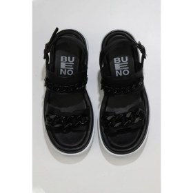 Resim Bueno Shoes Siyah Deri Kadın Dolgu Topuklu Sandalet 