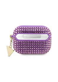 Resim Apple Uyumlu AirPods Pro 2 Kılıf Guess Lisanslı Parıltılı Taş Kaplamalı Üçgen Logo Süs Zincirli Mor 