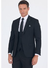 Resim İmza Siyah Mono Yaka Astarlı Çift Yırtmaç Esnek 6 Drop Slim Fit Basic Yelekli Takım Elbise 1001255186 