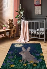 Resim Pelangi Ormandaki Tavşan ve Ay Işığı İskandinav Yıkanabilir Kaymaz Taban Leke Tutmaz Çocuk Odası Halısı, Lacivert-Gri-Yeşil 100 x 300, 764209210030005 