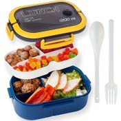 Resim 1200ml 2 Katmanlı Kapaklı Bento Öğle Yemeği Kutusu, Çatal ve Kaşık ile Mikrodalgaya Uygun Taze Tutma Plastik Saklama Kabı - Öğrenciler ve Ofis Çalışanları İçin Okula Dönüş 