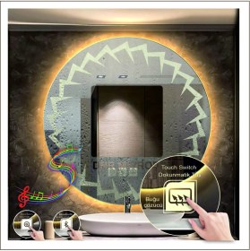 Resim Dnr-Mirror90 Cm Günışığı Ledli Tasarım Kumlamalı Dokunmatik Bluetoothlu Buğu Önleyicili Makyaj Banyo Aynası 