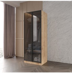 Resim Ülgen 2 Kapaklı Giyinme Dolabı Tamamı Mdf Led Askı Borusulu Füme Camlı Safir Meşe 
