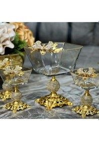 Resim Elta Collection Karen 7 Parça Kelebekli Elmas Döküm Ayaklı Sunumluk Magnolia Dondurmalık Cup Ve Salata Kase Seti Gold 