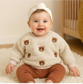 Resim Alpbebe Bear Kafalar Nakışlı Omuzdan Çıtçıtlı Pantolonda Cep Detaylı Welsoft 2 Parça Takım Koyu Kahverengi 