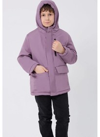 Resim Erkek Çocuk Kürklü Su Ve Rüzgar Geçirmez Kapüşonlu 3 Cep Kışlık Mont & Kaban & Parka-78 Lila 