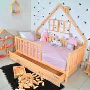 Resim MiniWood Montessori Çocuk Yatak Çekmeceli 90X190 Karyola Yağmur 