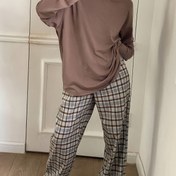 Resim Kadınlar için Ekose Desenli Düzenli Kesim Günlük Yuvarlak Yaka Uzun Pijama Takımı İlkbahar ve Sonbahar İçin 